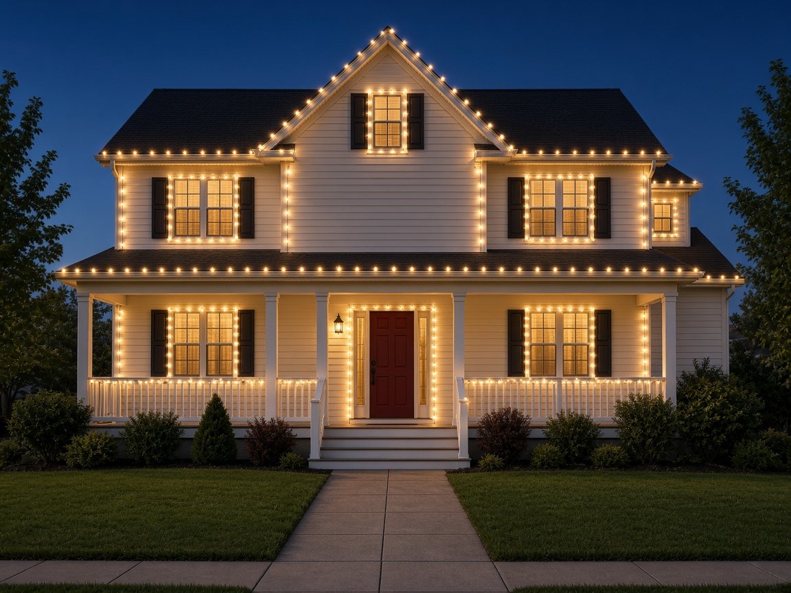 Two-story white colonial house with porch at dusk, outlined with warm white C9 Christmas bulbs along the roofline, gable, windows and front door