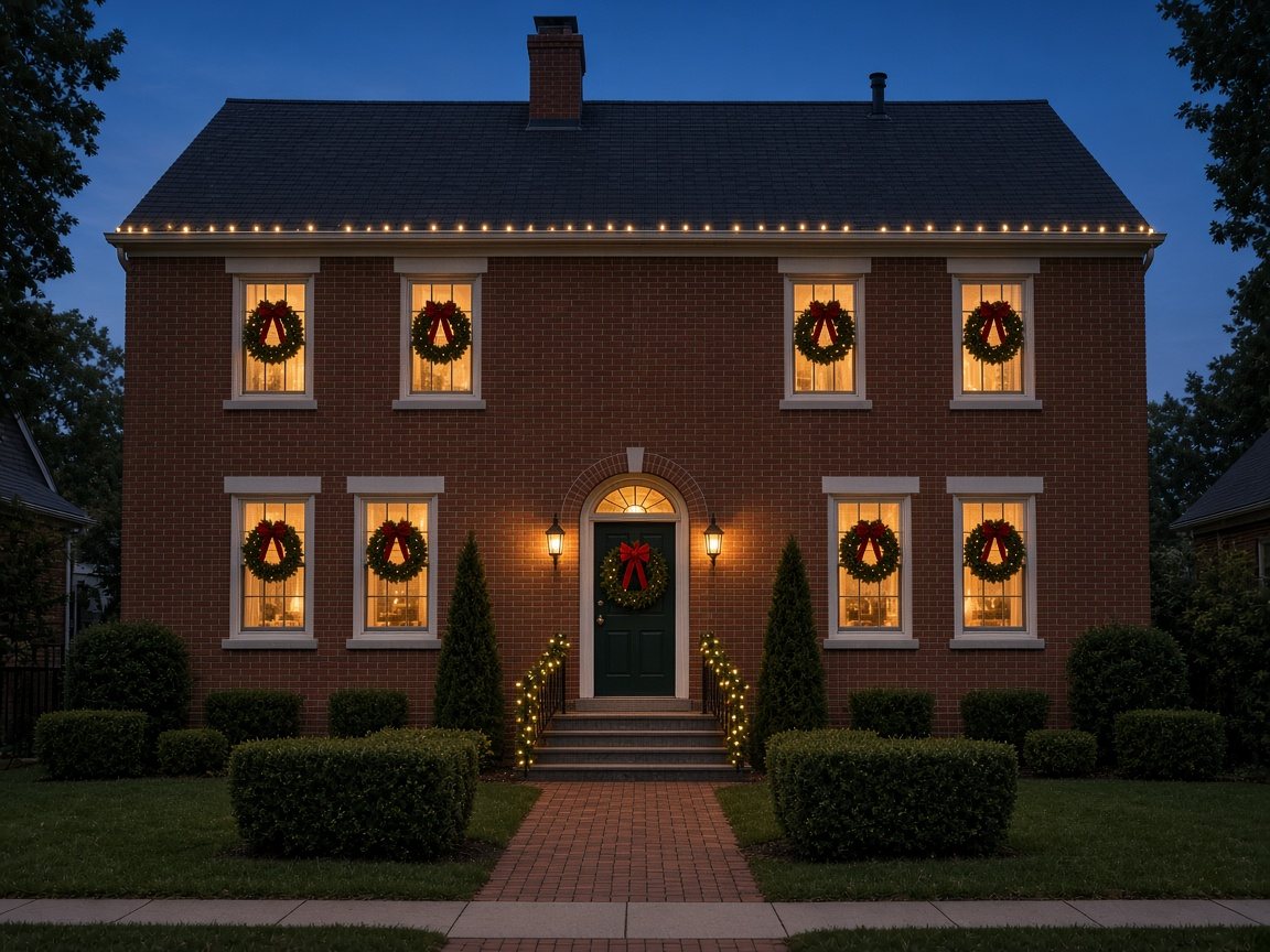 Red brick colonial house at dusk with minimal warm white roofline lights, evergreen wreaths with red bows on each window and lit garland on the stair railings