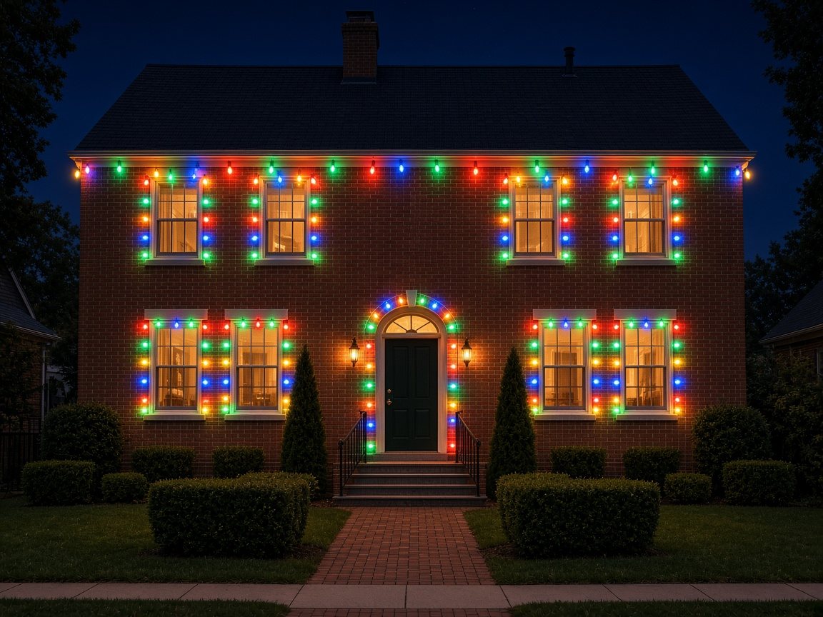 Red brick two-story house at night with big multicolor retro Christmas bulbs along the eaves and around every window