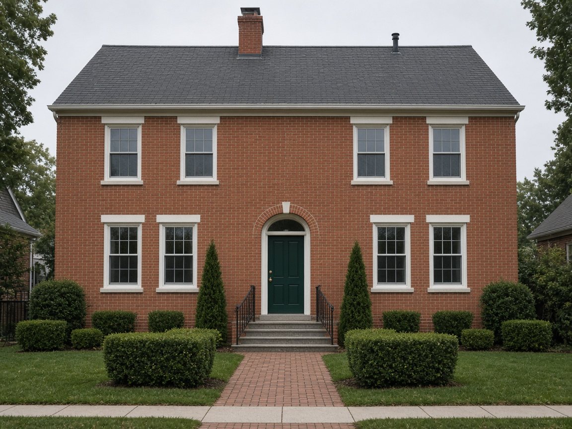 Daytime photo of a red brick two-story colonial house with white-trim windows, a chimney and an arched green front door
