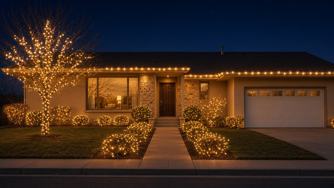 Single-story ranch house at night with warm white roofline lights, a front-yard tree wrapped in mini lights and shrubs covered in net lights