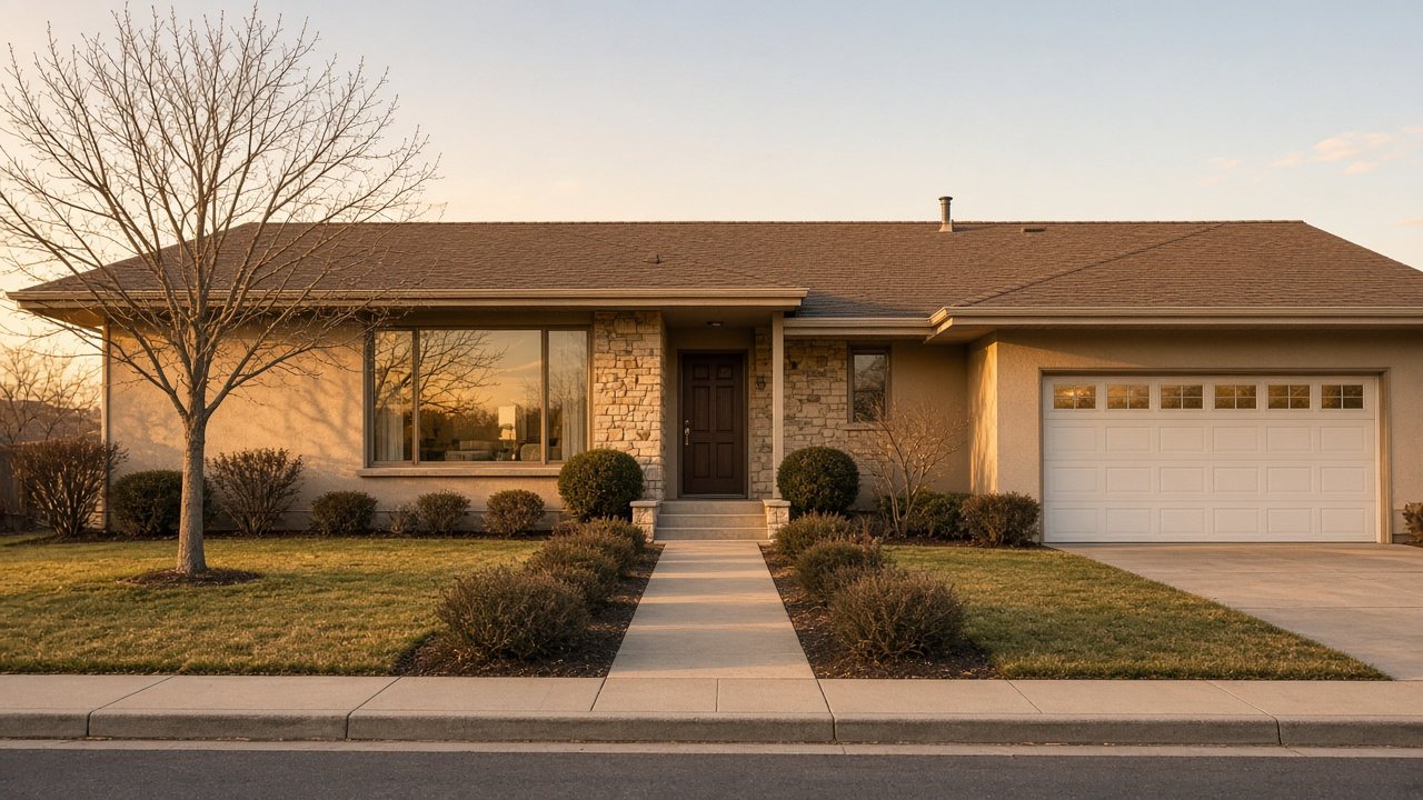 Golden-hour photo of a single-story stucco and stone ranch house with a picture window, attached garage and a bare front-yard tree
