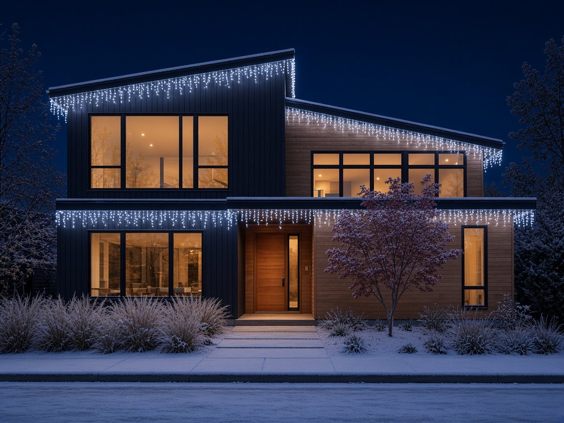 Modern two-story house with dark vertical siding and cedar panels at night, cool white icicle lights hanging from every roof edge and a light dusting of snow