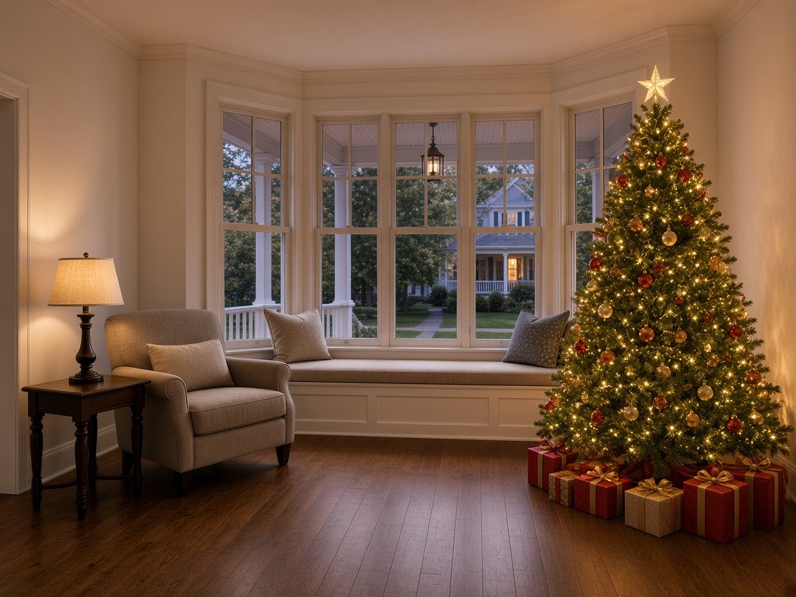 Bright front room with a bay window seat and a decorated Christmas tree with warm lights, red and gold ornaments and gifts placed in the open floor space