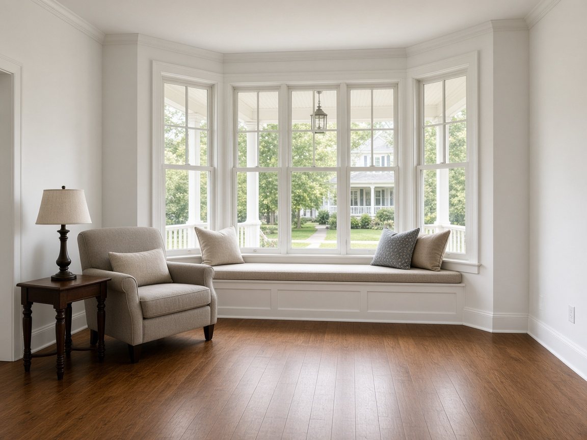 Daytime front room with a bay window, cushioned window seat, armchair and lamp